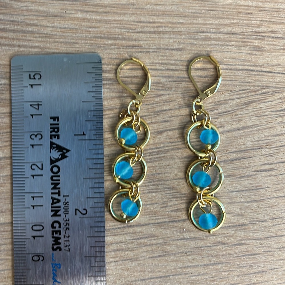 HAND CRAFTED EARRINGS BALL DROP DANGLE PIERCED Ocean Blue Beads Gold Rings Hoop - Picture 5 of 12